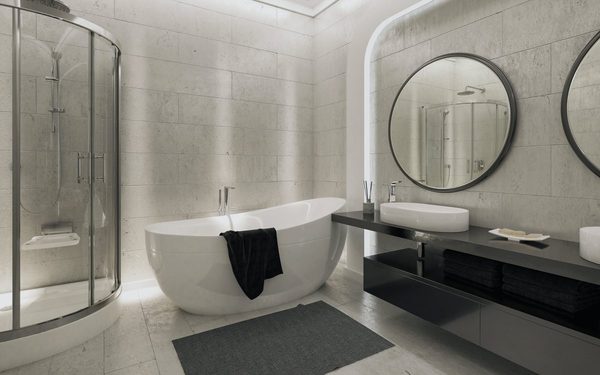 Remodeled master bathroom in Santa Clarita with a freestanding soaking tub, curved glass shower enclosure, and a floating double vanity