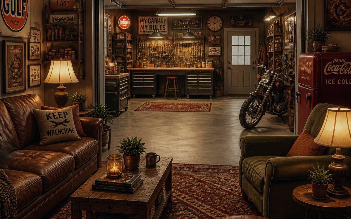 Converted garage finished as a lounge and workshop space with warm lighting, built in cabinetry, and a motorcycle on display