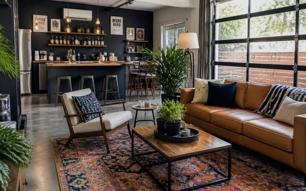 Garage converted into a finished living room with a leather sofa, area rug, and the original garage door opening replaced by a window wall